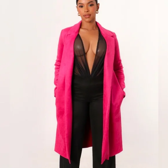 Women's Hot Pink Suede Trenh Coat - Picture 1 of 3